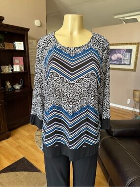 Boutique black, gray & blue patterned long sleeves blouse-size L